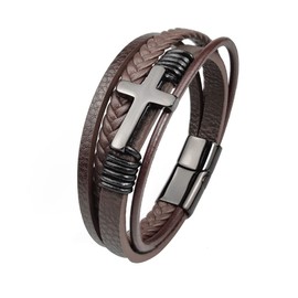 Jennoria Mens Brown Leather Bracelet Multi-Layer Braided Leather Cross Bracelet Religious Confirmation Gifts (Brown Leather Black Cross, 9.25)