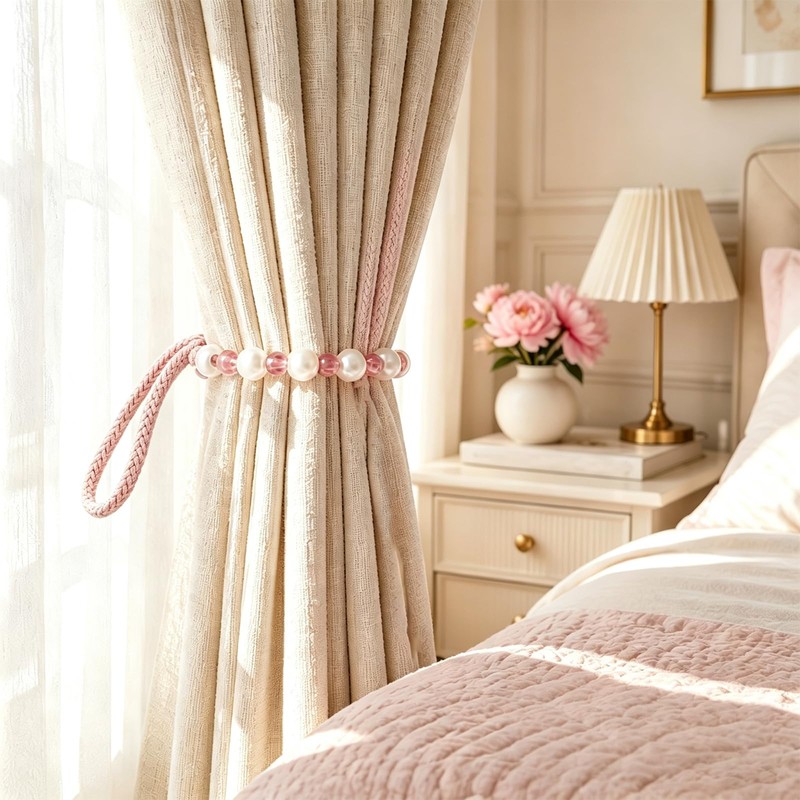 Pink Pearl Curtain Tie Backs, Curtain Tie Backs with Bead,
