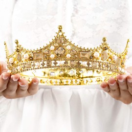 Fdesigner Baroque Bride Crown and Tiara Gold Rhinestone Wedding Headpieces Queen Bridal Hair Accessories for Women and Girls