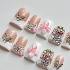 Luxury Press on Nails Short Duck Handmade 3D Unique Reusable ABS Material Fake Nails White French Tip False Nails with Designs Pink Flower Butterfly Glossy Glue on Nail Thick Acrylic Nail(S)