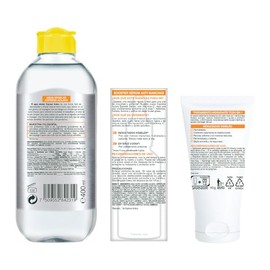 Kit Garnier Express Aclara Rutina anti manchas con Vitamina C Srum facial, agua micelar y todo-en-1 tono medio con FPS, 3 piezas. Hidrata, ilumina y  