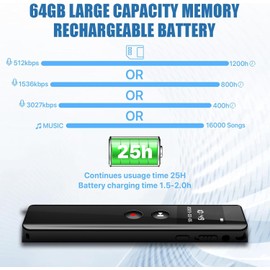 64GB Digital Voice Recorder, Voice Activation, One-Touch Recording 3072 Kbps Voice Recorder with Playback, Noise Cancelling Audio Recording Device for Meeting/Lecture/Interviews/Classes