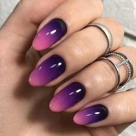 Gradient Press on Nails Short Almond Fake Nails Purple Glossy Stick on False Nails French Tip Acrylic Nails with Glue Reusable Artificial Nails for Women and Girls DIY Manicure 24PCS