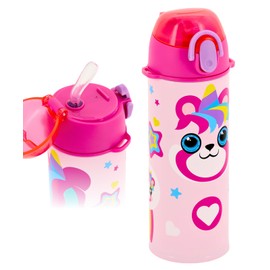 Julian Ross Children's Thermos Flask, 500 ml, Stainless Steel Drinking Bottle with Straw, Leak-Proof, BPA-Free, Double-Walled Insulated, for Girls, School & Sports, Pandacorn Design, Pink