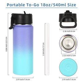 Volhoply 18oz Insulated Water Bottle Bulk 2 Pack,Kids Stainless Steel Water Bottles with Straw Lid,Double Wall Vacuum Metal Thermos,Wide Mouth Reusable Sports Flask for Cold Drink(Purple Blue,2 Set)