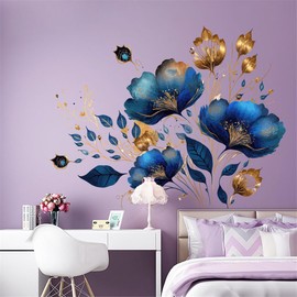 Blue Flower Wall Stickers, Watercolor Flower Wall Decals Romantic Painting Floral Wall Stickers, Peel and Stick Vinyl Floral Wall Decals for Living Room Bedroom TV Sofa Background Wall Decoration (A)