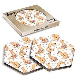 2 x Hexagon Coasters - Fox Vixen Animal Leaves Flowers Cork Backed MDF Glossy Tea Coffee Accessory #170323