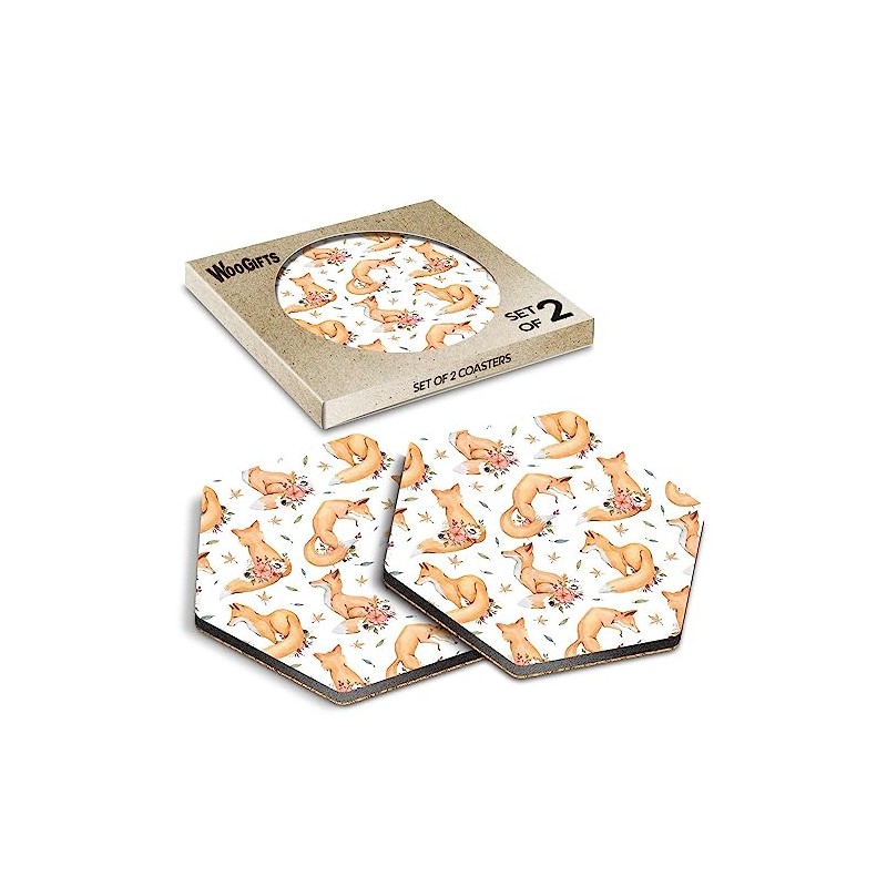 2 x Hexagon Coasters - Fox Vixen Animal Leaves Flowers