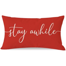 PANDICORN Modern Farmhouse Pillow Covers 12x20 with Words Stay Awhile Cozy Relax Sayings Red Outdoor Christmas Decorations Indoor Lumbar Decorative Pillow Case for Home Living Room Couch Sofa Decor