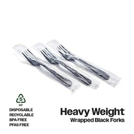 CIAO! 7.3" Black Fork Heavy Weight Polypropylene Individually Wrapped (Case of 1,000)