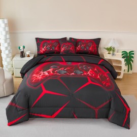 ZRNBAST 6 Pcs Gamer Comforter Set Twin Size Game Console Comforter Set Red Flame Geometric Gamepad Microfiber Bedding Sets Teen Gamepad Gaming Bed in a Bag (Red,Twin)