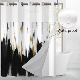 Caheansi No Hook Shower Curtain with Snap in Liner, Hotel Style Black White Gold Brush Strokes Art Modern Shower Curtain Waterpoof Washable with See Through Top Window,71"x74"