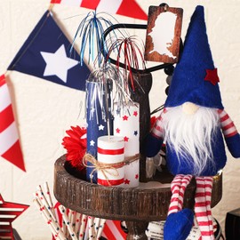 Hollowfly 3 Pcs 4th of July Wooden Patriotic Tiered Tray Decor Independence Day Centerpiece Memorial Day Table Decor Patriotic Wooden Centerpiece for Home Decorations(Stripe and Star)