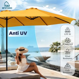 MFSTUDIO 15ft Double Sided Patio Umbrella with Base Included, Outdoor Large Rectangular Market Umbrellas with Crank Handle for Deck Pool Shade, Gold Yellow