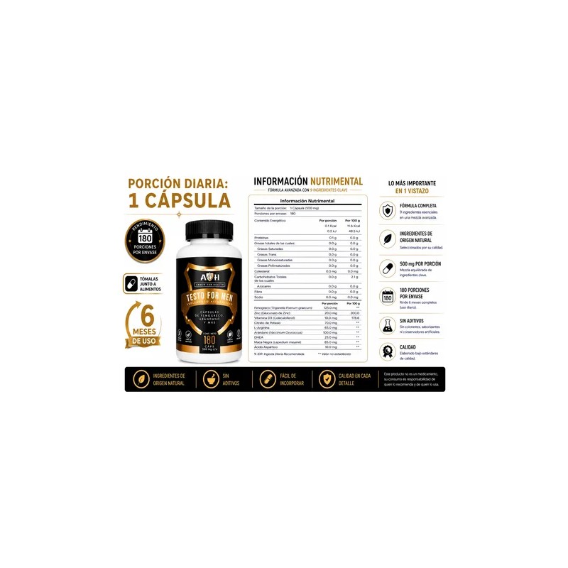 Testo For Men 180 Cápsulas Maca Negra Fenogreco Arginina A4h