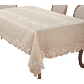 SARO LIFESTYLE Embroidered Scallop Design Linen Blend Tablecloth, 67" x 104", Natural