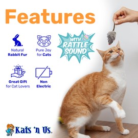 Kats'N Us Real Rabbit Fur Mouse Cat Toy - 10 Pak Rattle Sound