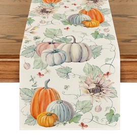 Artoid Mode Watercolor Pumpkins Leaves Sunflowers Autumn Table Runner, Seasonal Fall Kitchen Dining Table Decoration for Home Party Decor 40x300 cm
