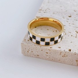 Checkerboard Bands Statement Finger Ring 14K Gold Black White Titanium steel Ring Size 5-10-5