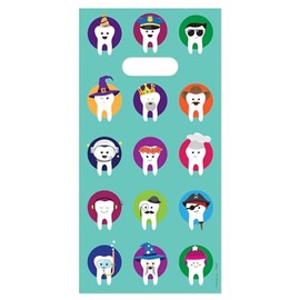 Practicon Character Teeth 6" x 12" Dental Giveaway Bag, Dental Hygiene Patient Care Goodie Bag, Dentist Office Plastic Gift Bags, 100 Pack
