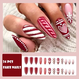Bufenia False Acrylic Nails Christmas Nails Almond Fake nails Snowflake Press on Nails Oval for Women and Girls (24Pcs) (F)