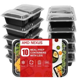 AMD Nexus [10 Pack, 32oz] 2 Compartment Plastic Meal Prep Containers - Reusable BPA Free Food Containers with Airtight Lids - Microwavable, Freezer and Dishwasher Safe
