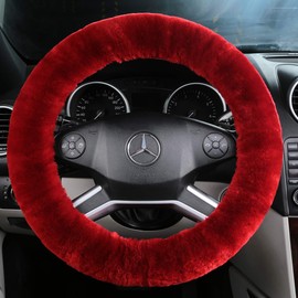 ANDALUS Car Steering Wheel Cover, Fluffy Pure Australia Sheepskin Wool, Universal 15 inch (Dark Red)