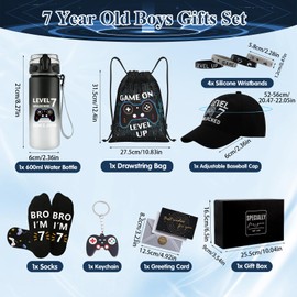 Gifts for 7 Year Old Boy, 7 Year Old Boy Birthday Gifts, Cool 7th Birthday Gifts for Boys, Game Theme LEVEL 7 UNLOCKED Water Bottle Baseball Cap Socks Bag Keychain Wristbands for Son Nephew Grandson