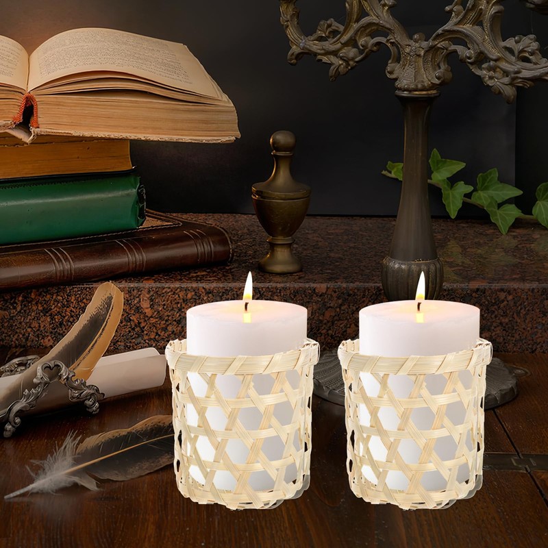 Luxshiny 4 Pcs Wicker Woven Tea Light Candle Holder Decorative