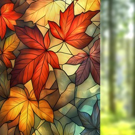 Nuxovilar Stained Glass Autumn Maple Leaf Window Film, 16.9×39.4inch, Red Maple Leaf Pattern Static Cling for Home & Decor (Sparkle)