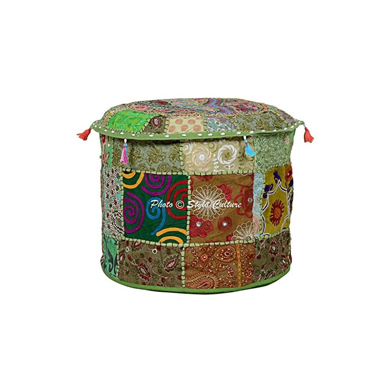 Stylo Culture Cotton Patchwork Embroidered Pouffe Stool Ottoman Stool Pouf