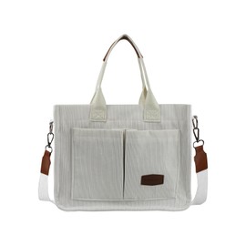 FuninCrea Corduroy Tote Bags for Women with Detachable Shoulder Strap and Zipper Inner Pocket, Large Capacity Shoulder Bag Multiple Pockets Ladies Handbags for Travel Work Shopping (White)