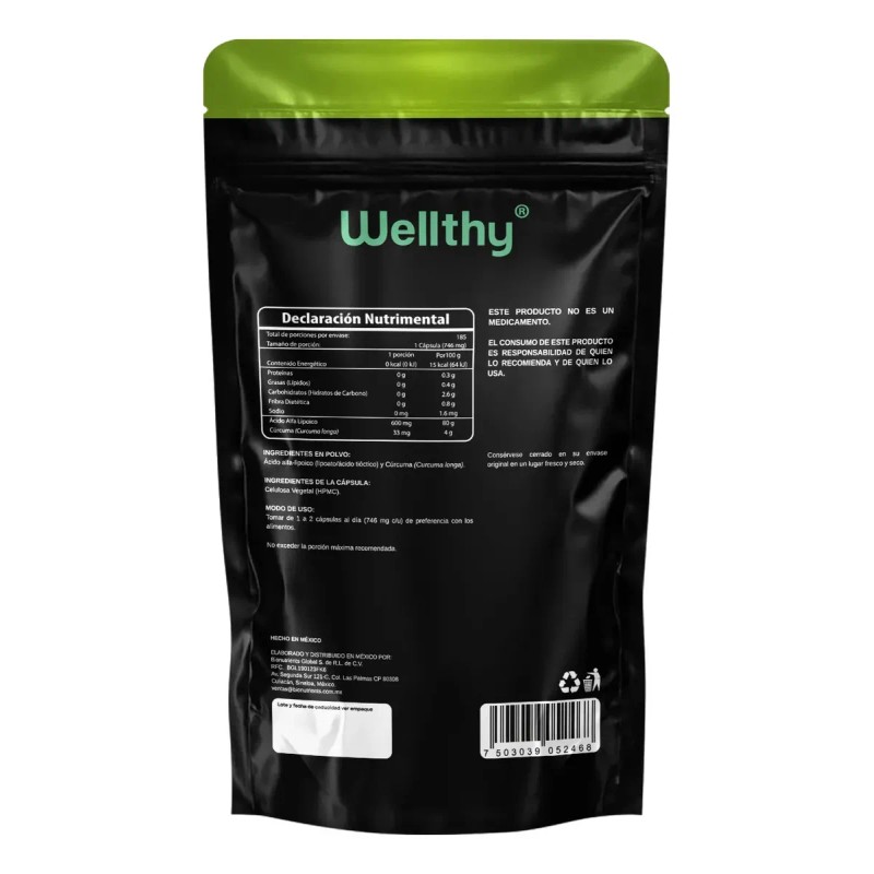 Ácido Alfa Lipoico 600 185 Cápsulas Wellthy Sabor