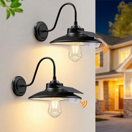 CRIRY Solar Barn Lights Outdoor 2-Pack, Anti-Rust Waterproof Farmhouse Solar Gooseneck Porch Lights Wall Mount, Vintage Black Outdoor Light Fixtures for Barn Shed Garage Chicken Coop, Bulb Included