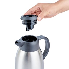 Restaurantware-Restpresso 33.8 Ounce Insulated Coffee Carafe/Server, 1 Double Walled Coffee Decanter - With Regular And Decaf Brew Lids, Wide Pour Spout, Silver Stainless Steel Beverage Dispenser