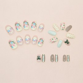 Short Press on Nails Oval Pastel Fake Nails False Nails with Flower Bow Stripes Designs Cute Short Nails Full Cover Acrylic Nail Glossy Glue on Nail for Women Girls 24Pcs
