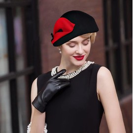 TLMNU Fascinator Hats for Women - Tea Party 100% Wool Hats Fascinators Kentucky Headband Felt Derby Hat Wedding Cocktail Mesh 01B2Black,Red