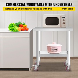 Happybuy Heavy-Duty Stainless Steel Work Table, 30 x 18 x 34 Inch, 700 LBS Capacity, 4 Wheels, 3 Adjustable Heights, for Commercial Kitchen & Restaurant, Silver