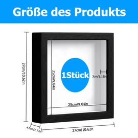 3D Picture Frame, Picture Frame for Filling, Frame for Objects, Square Object Frame, Deep 3 cm for Wall and Desktop, Shadow Box for Photos, Objects, Wedding Bouquet, Black, 25 x 25 cm