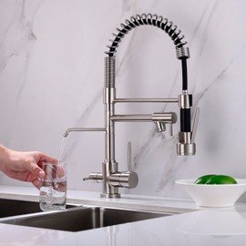 Avola Brass Kitchen Faucet with Drinking Water Faucet,3 in 1 Pull Down Sprayer Kitchen Faucet, Spring Faucet in Brushed Nickel