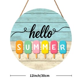 Anyako Hello Summer Door Sign For Front Door Decor,Colorful Popsicle Wooden Sign 12"x 12" Round Hanging Door Sign Decoration for Wall Rustic Decor