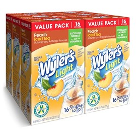 Wyler's Light Singles To Go Powder Packets, Water Drink Mix, Peach Iced Tea, 16 Count, 6 Boxes (96 Single Servings)