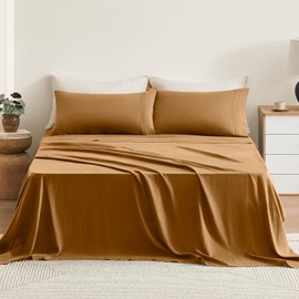 TOSMO Pure Linen Sheets Set, 100% French Natural Linen Flax Bedding 4pc Set (Queen, 1 Flat Sheet, 1 Fitted Sheet, 2 Pillowcases) - Butternut