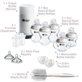 Tommee Tippee Natural Start 14 Piece Baby Bottle, Travel Bottle Warmer & Pacifier Set, 5 BPA Free Bottles, 0+ months, 2 Newborn Pacifiers, 2 Extra Nipples, Removable Bottle Handles, Brush, Clear
