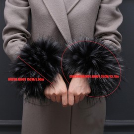 OTKARXUS Faux Fur Wrist Cuffs,1 Pair Short Style Fur Wrist Warmers Wrist Band Ring Cuffs,Winter Warm Arm Warmer Sleeves for Women Girls (Black with White Tip)