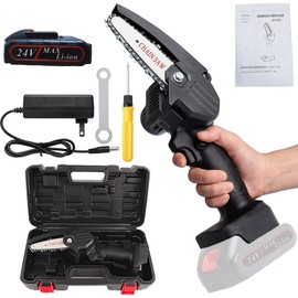 Mini Chainsaw Cordless, FENOMO Portable 4 Inch One-Handheld Electric Chainsaw | Rechargeable 24V Battery Powered Chain Saw Kit for Tree Pruning Trimming and Wood Cutting(Black)