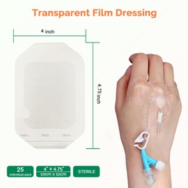 Transparent Film Dressing 4'' x 4.75'', 25 Packs Clear Waterproof Bandages for Wounds, Large Adhesive Patches Breathable Wound Cover for Post Surgical, Shower, Swimming, Tattoo Aftercare, IV Shield
