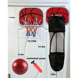 BANNAFY 2-in-1 Boys Room Decor Basketball Hamper Over the Door Laundry Basket with Hoop and Ball for Kids Room, Dorm, Bedroom, Bathroom Gifts for Boys - Red Plastic Stainless Steel