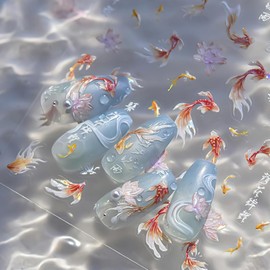 ROFIBUT Goldfish Nail Art Stickers 5D Embossed Koi Fish Nail Stickers Self-Adhesive Shiny Chinese Style Manicure Nail Decals Laser Koi Lotus Slider Nail Art Supplies for Women DIY Decorations