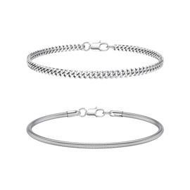 CASSIECA 2Pcs Mens Silver Bracelet Stackable Chain Bracelet for Men Boys Mens Bracelets Stainless Steel Cuban Snake Link Chain Bracelets Set 21CM Gifts for Men Dad Husband Son